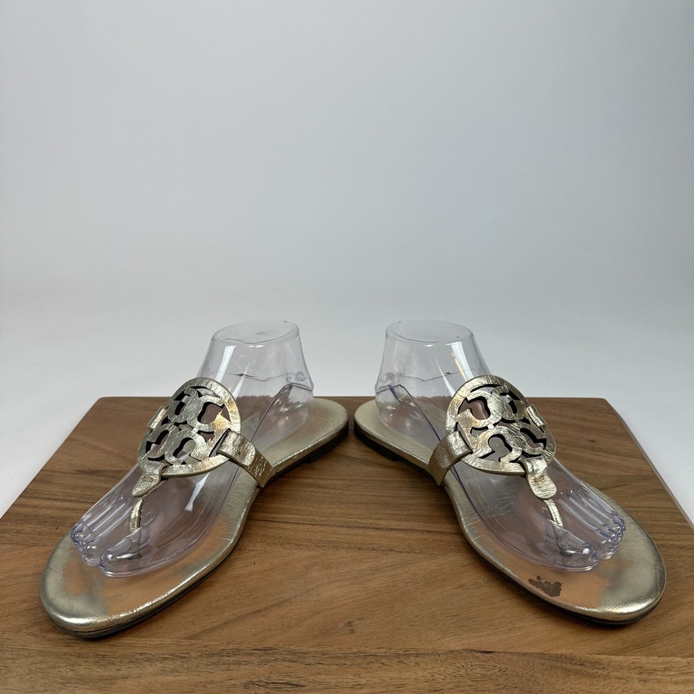 Womens Tory Burch Miller Thong Silver Metallic Leather Flip Flops Sandals Size 9 - Picture 2 of 8